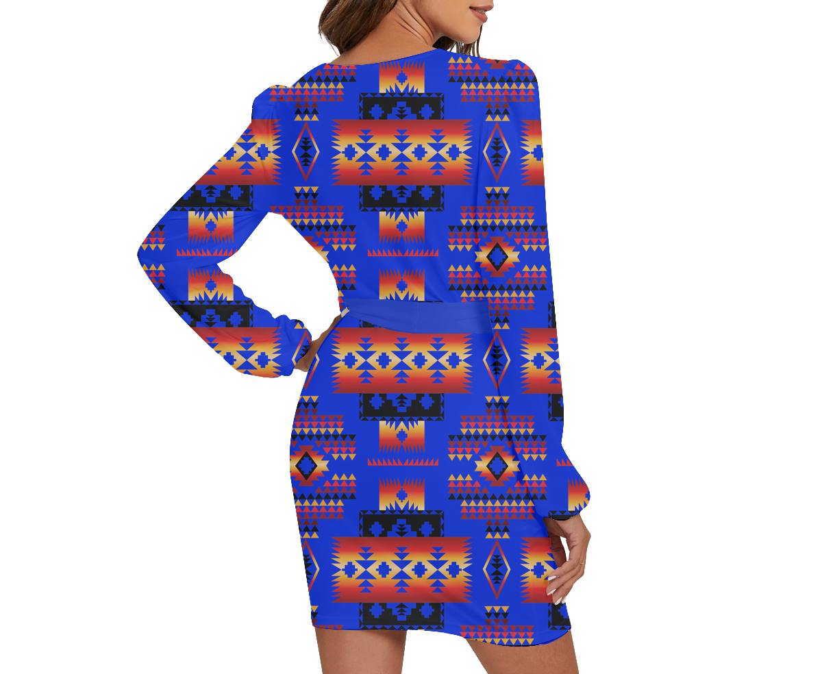 Powwow Storegb nat00046 06 pattern native long sleeve dress with waist belt