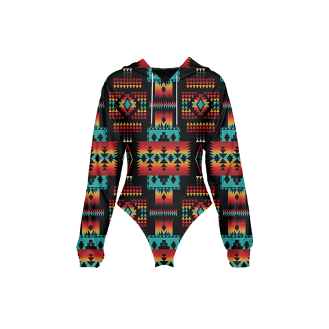 Powwow StoreGBNAT0004602 Tribes Pattern Women's Raglan Sleeve Hooded Bodysuit