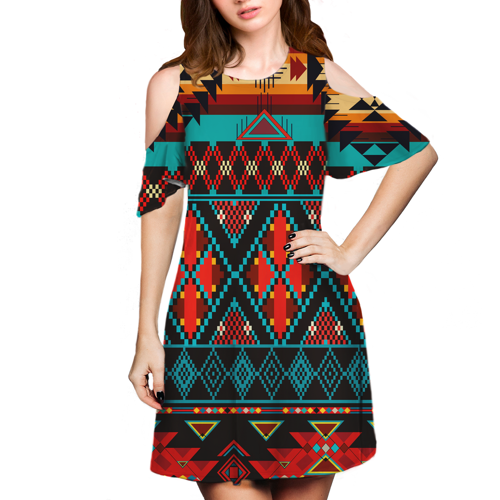 Powwow StoreGBNAT00112 Pattern Native Cold Shoulder Dress With A Round Neckline