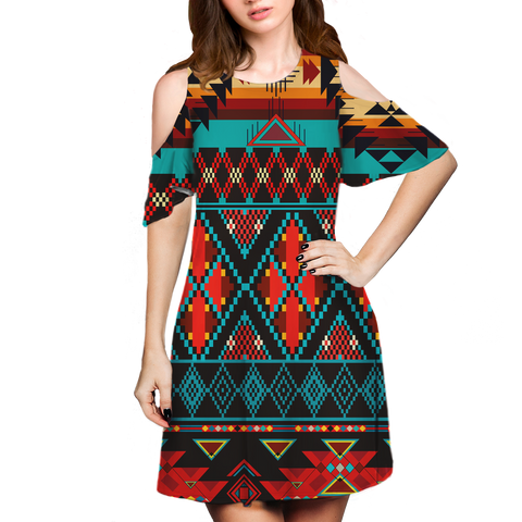 Powwow StoreGBNAT00112 Pattern Native Cold Shoulder Dress With A Round Neckline