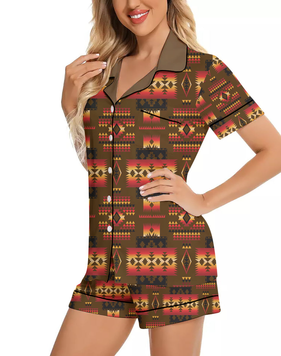 Powwow StoreGBNAT0004608 Pattern Native American 3D Imitation Silk Pajamas Set with Shorts