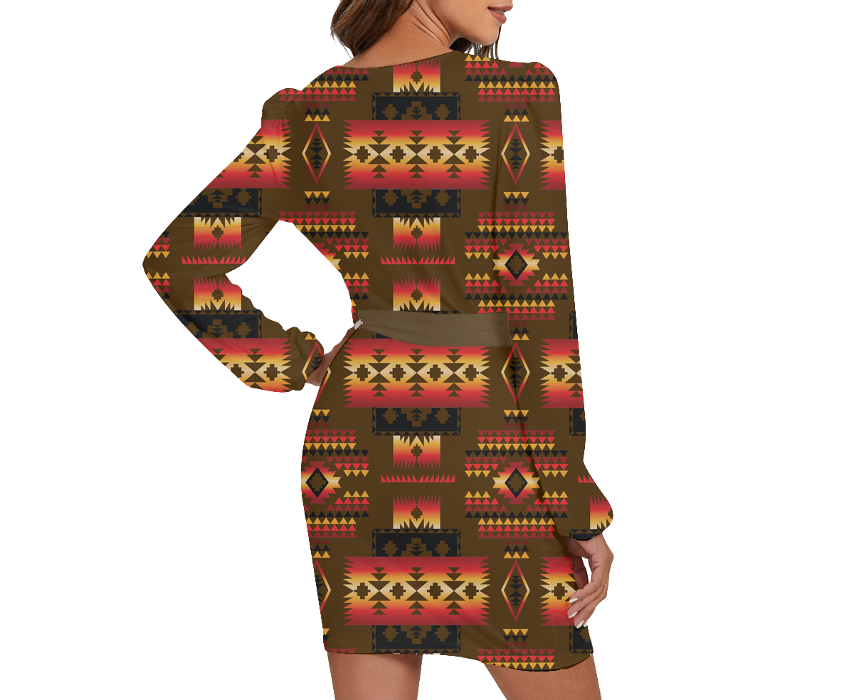 Powwow Storegb nat00046 08 pattern native long sleeve dress with waist belt