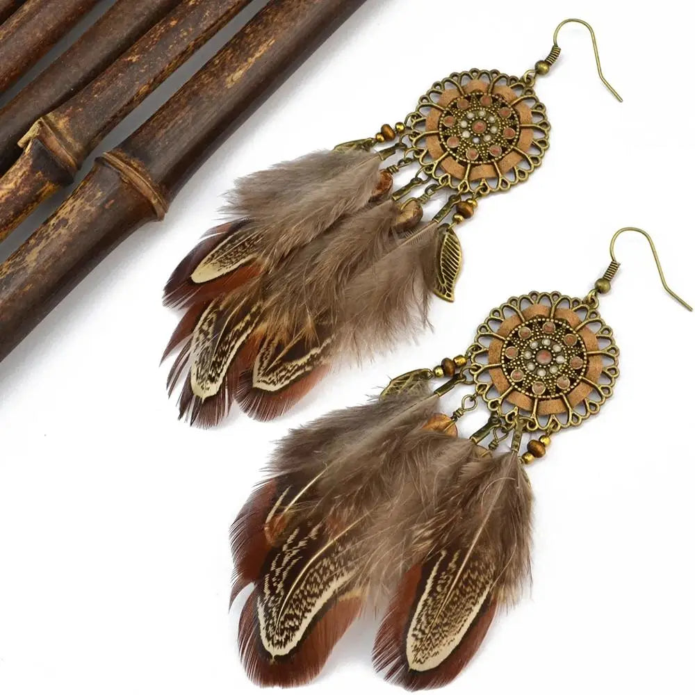 Fashion Long Tassel Brown Feather Bride Wedding Earrings Bohemian Vintage Wooden Beads Dangle Earrings