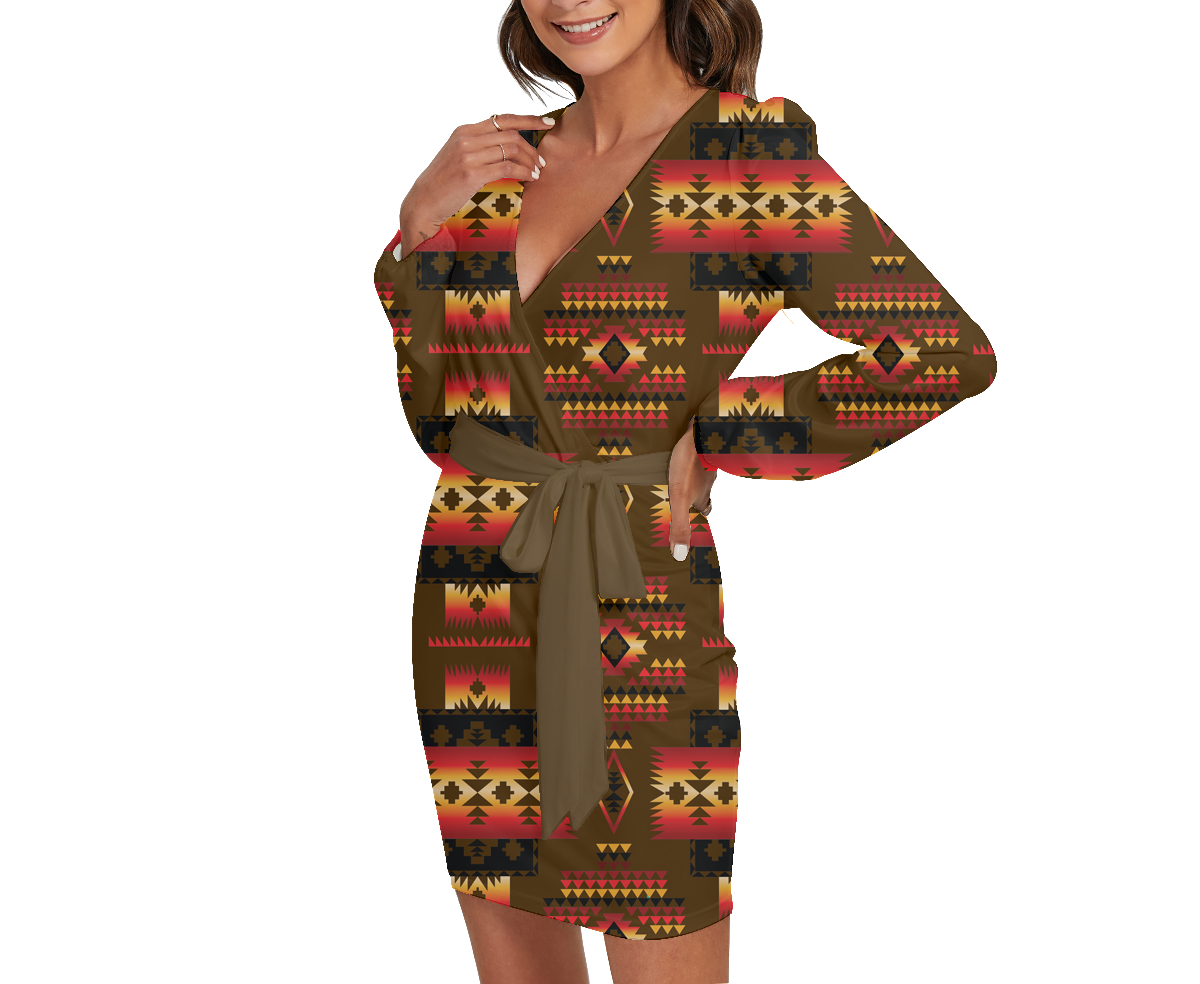 Powwow StoreGBNAT0004608 Pattern Native Long Sleeve Dress With Waist Belt