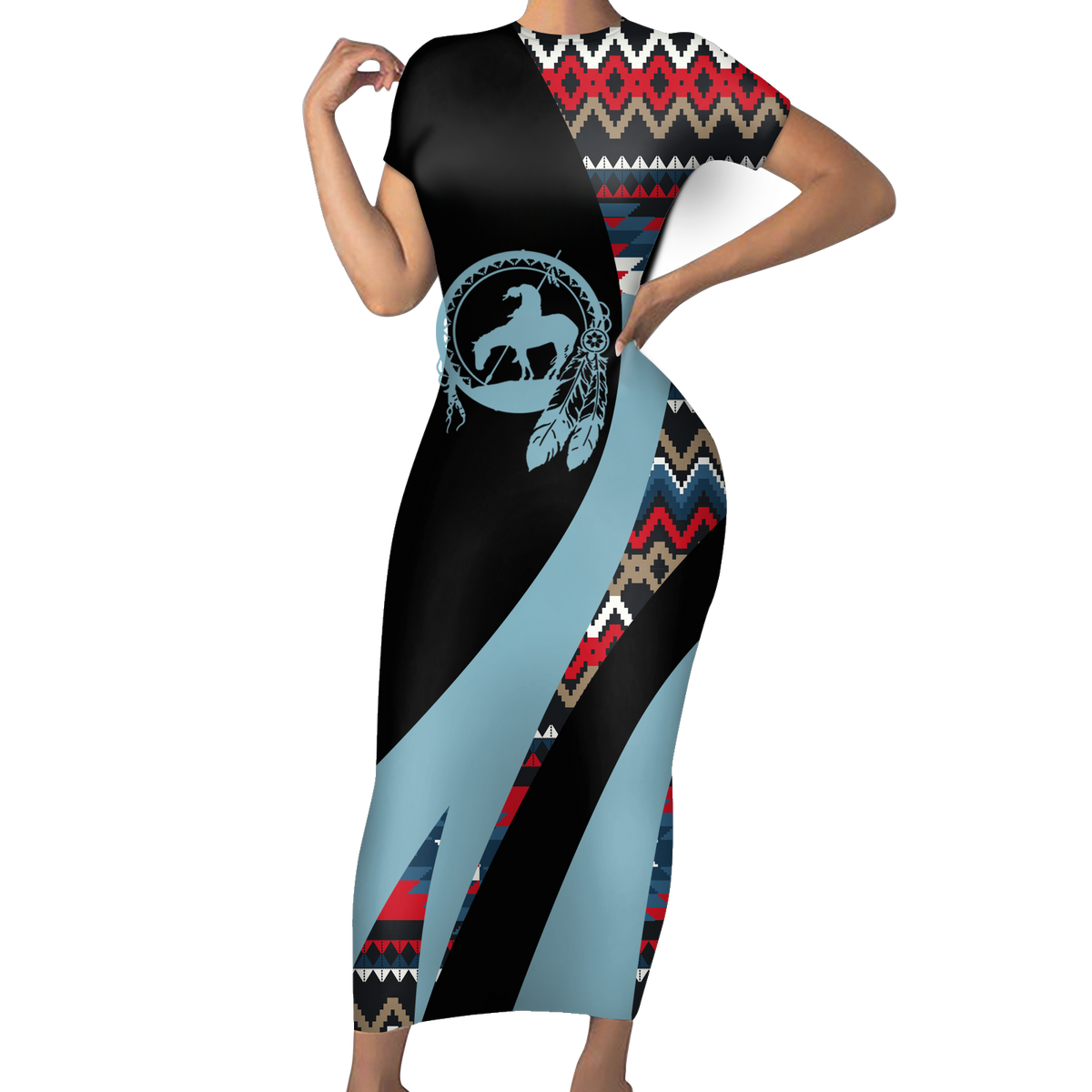 Powwow StoreSBD00183 Pattern Native ShortSleeved Body Dress