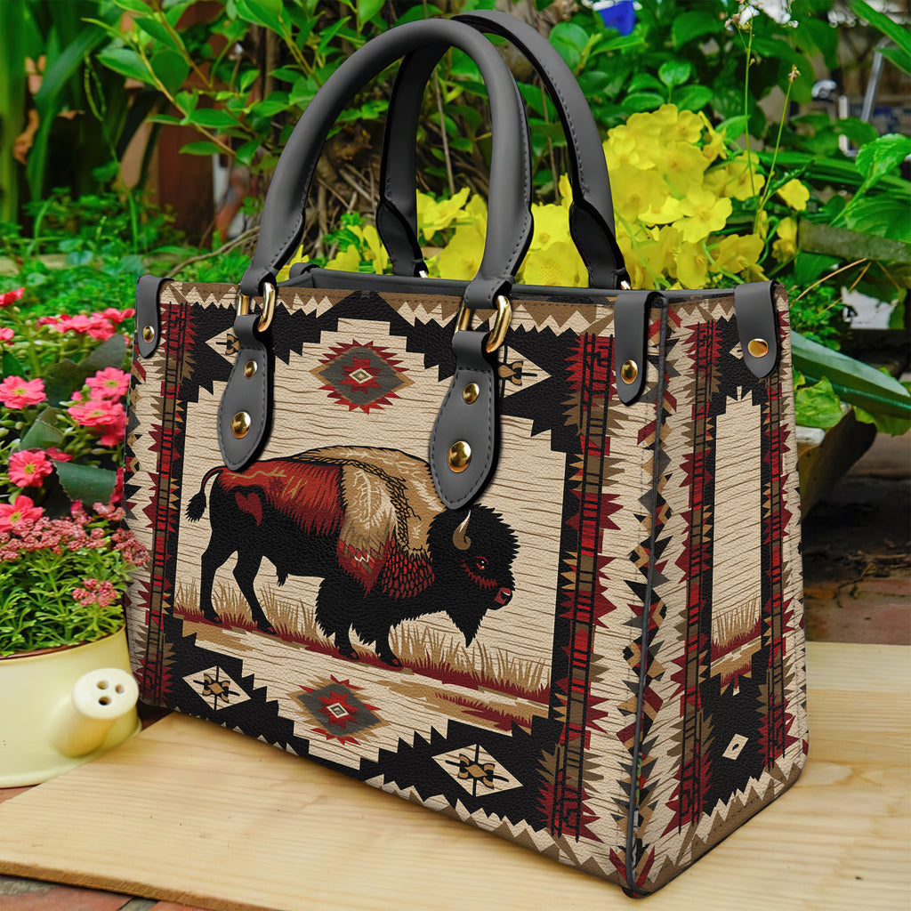 QLT-0015 Bison Pattern Native American  Leather Bag