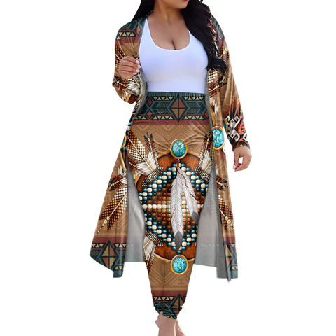 GB-NAT00640 Tribe Design Native American Cardigan Coat Long Pant Set
