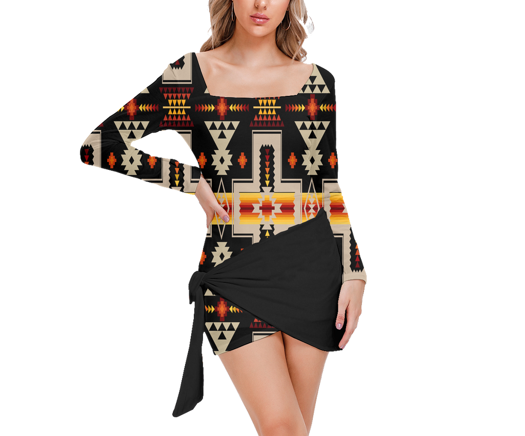 Powwow StoreGBNAT0006201 Pattern Native Women’s Square Collar Dress With Long Sleeve