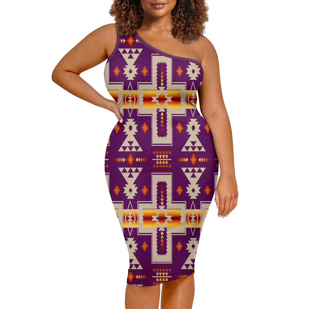 Powwow StoreGBNAT0006209 Pattern Native Women's OneShoulder Slim Dress