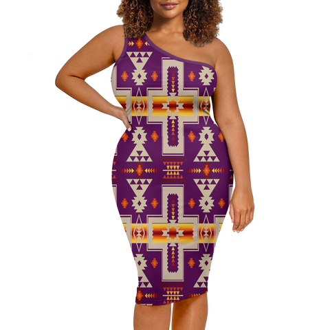 Powwow StoreGBNAT0006209 Pattern Native Women's OneShoulder Slim Dress