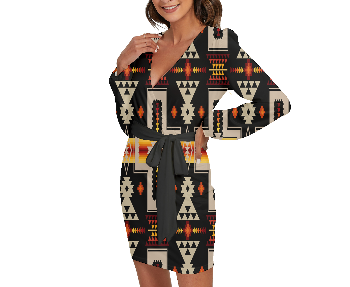 Powwow StoreGBNAT0006201 Pattern Native Long Sleeve Dress With Waist Belt