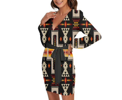 Powwow StoreGBNAT0006201 Pattern Native Long Sleeve Dress With Waist Belt