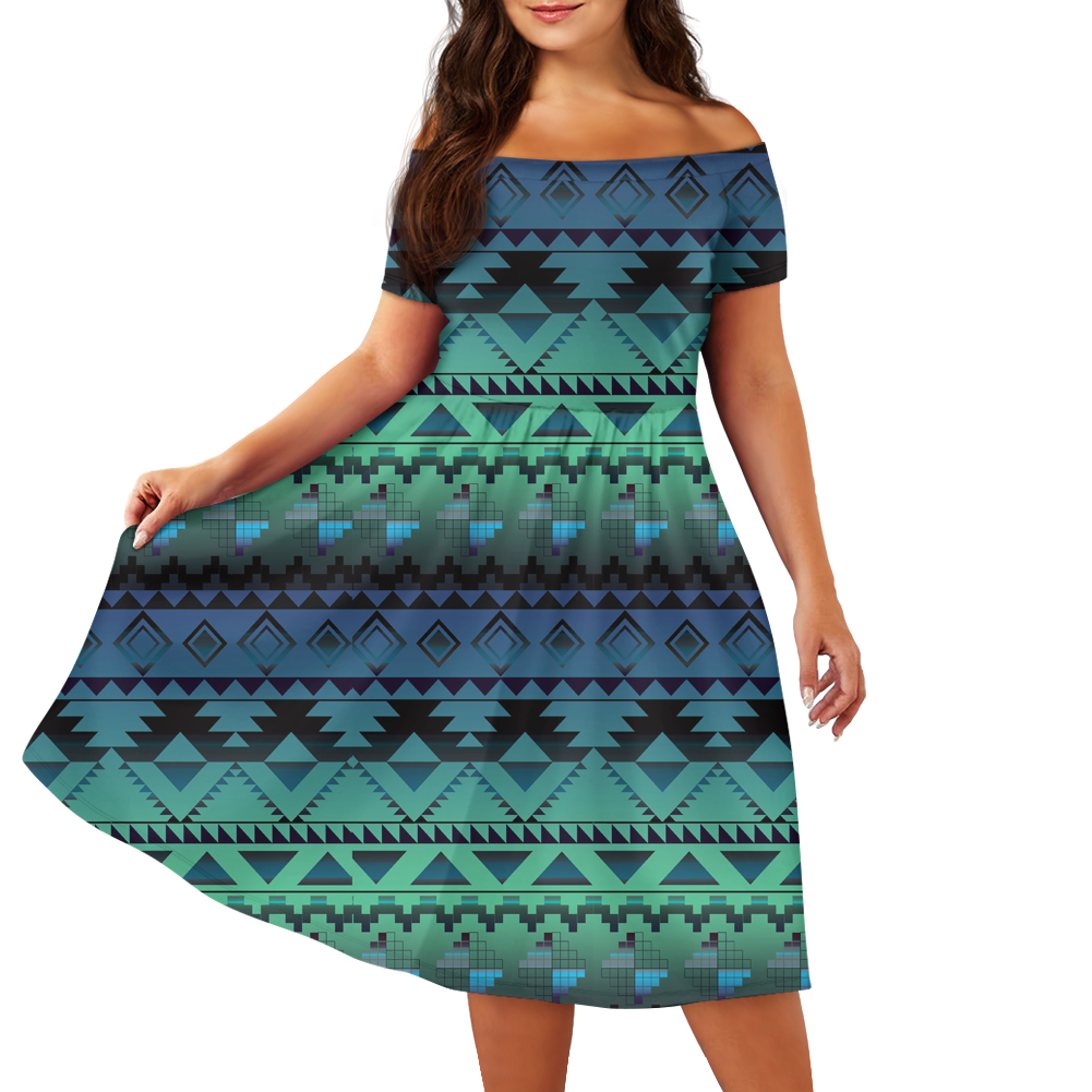 Powwow StoreGBNAT00601 Pattern Native Off Shoulder Short Sleeved Dress