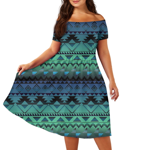 Powwow StoreGBNAT00601 Pattern Native Off Shoulder Short Sleeved Dress