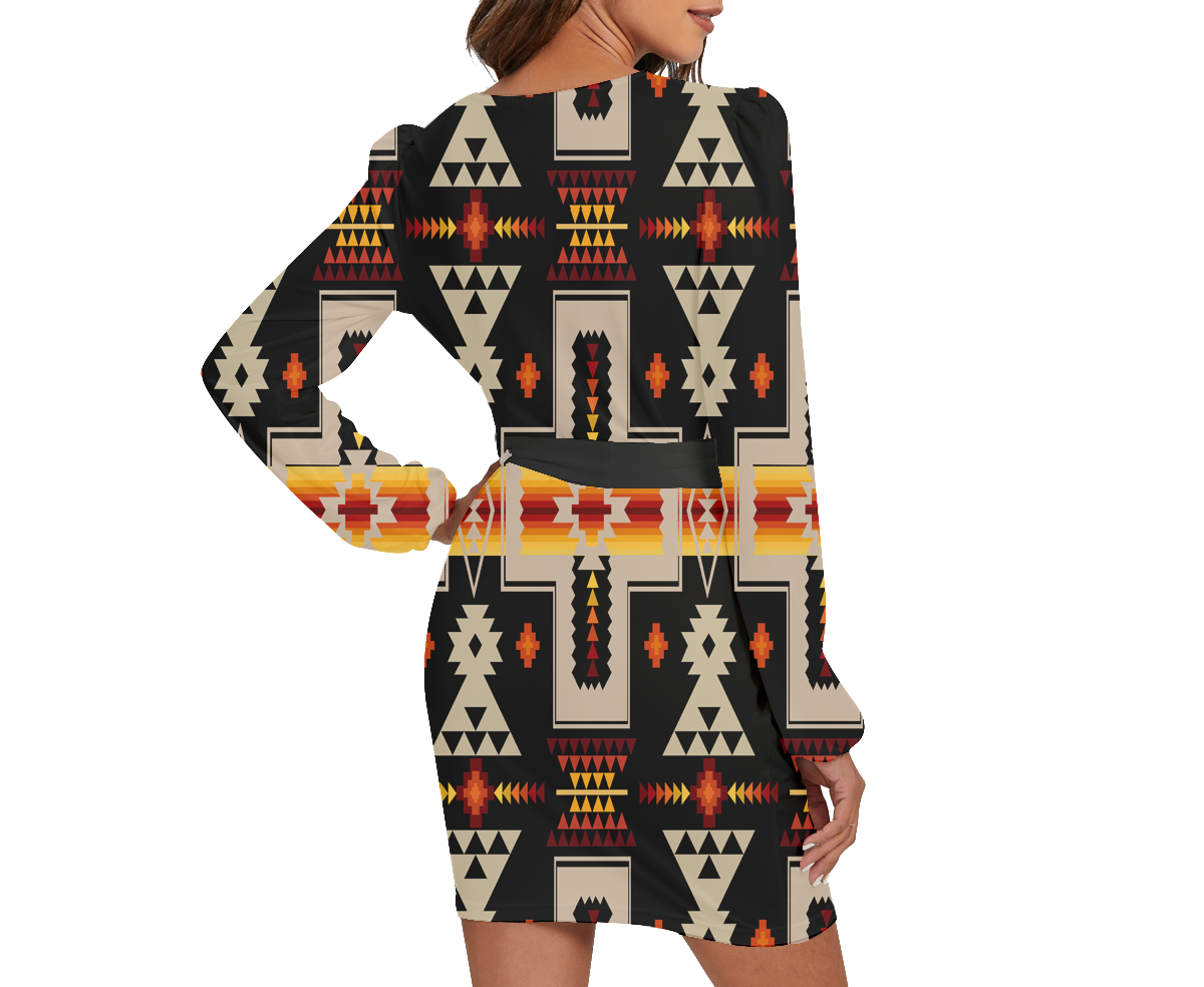 Powwow Storegb nat00062 01 pattern native long sleeve dress with waist belt