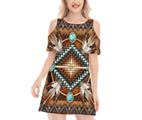 Powwow StoreGBNAT0002304 Pattern Native Women's Cold Shoulder Oneck Dress