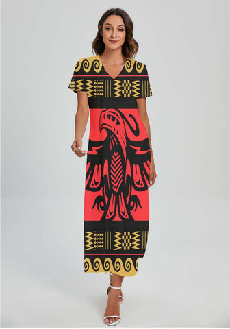 Powwow StoreGBNAT00048 Pattern Native Vneck Dress With Side Slit