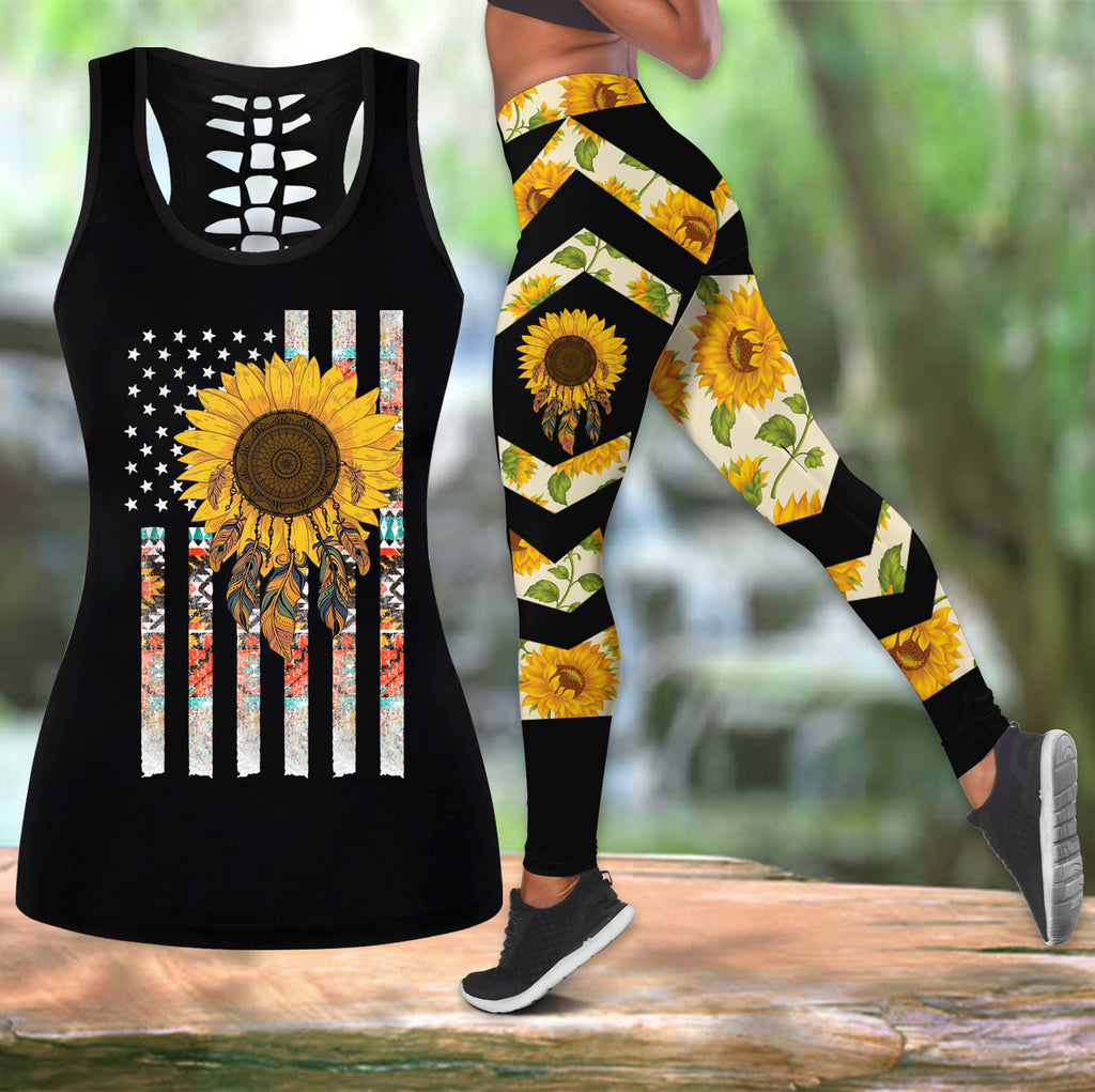 COMB2083 Pattern  Native Hollow Tank Top And Legging Sets