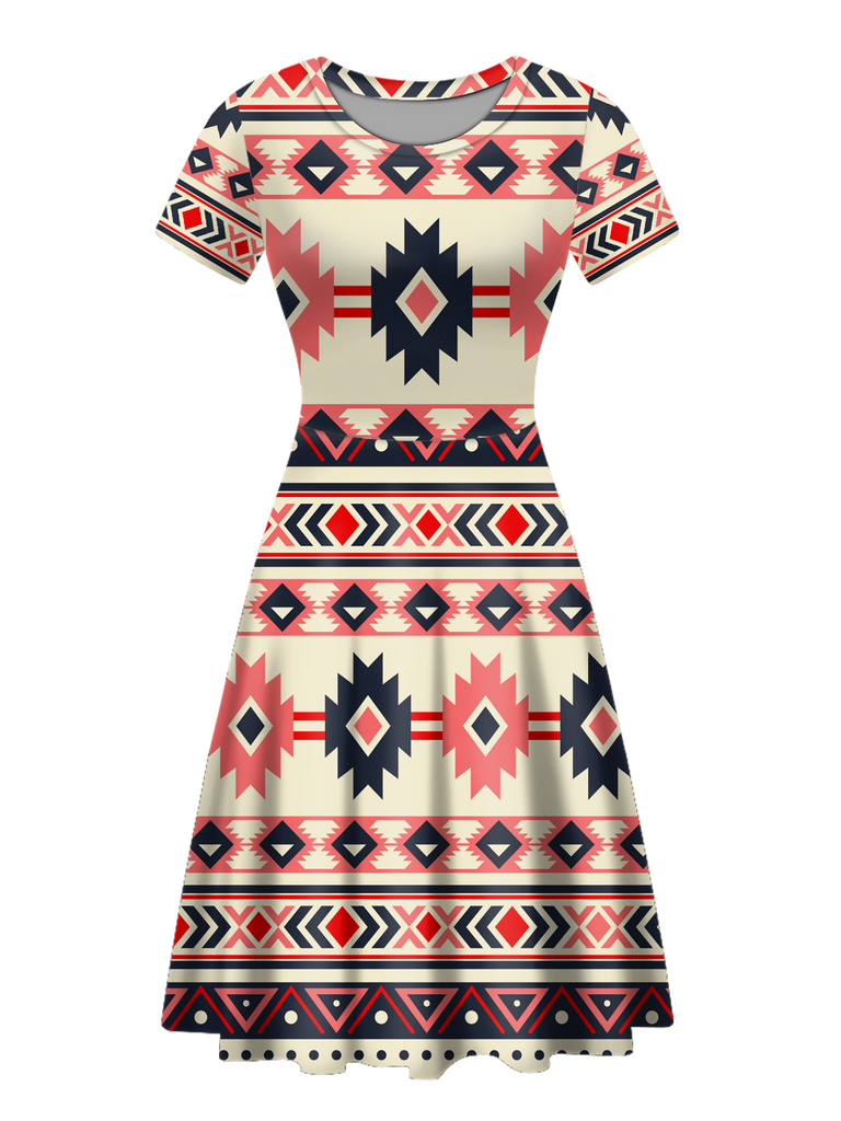 Powwow StoreGBNAT00375 Native Tribes Pattern Round Neck Dress