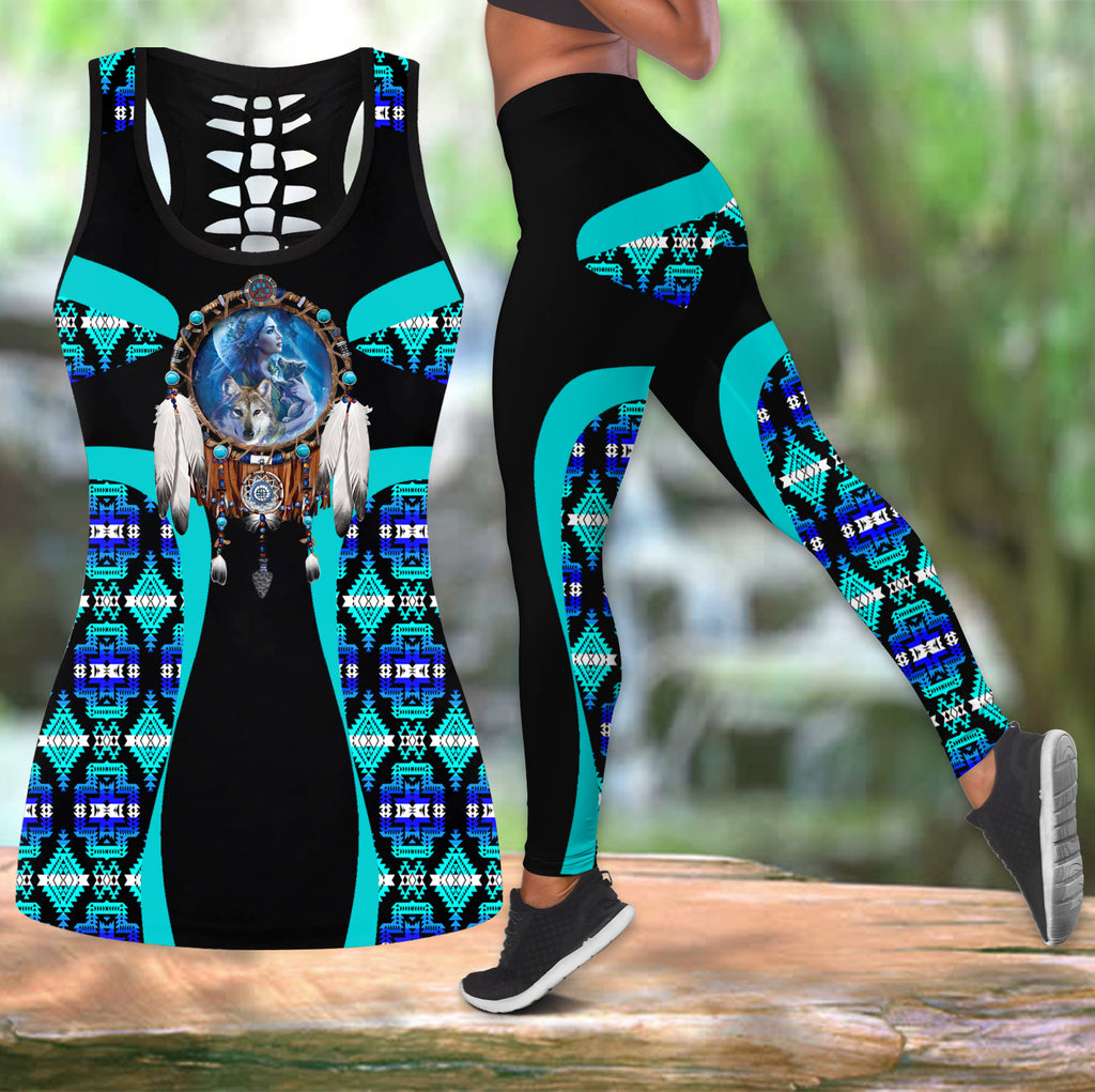 COMB2088 Pattern Native American  Hollow Tank Top And Legging Sets