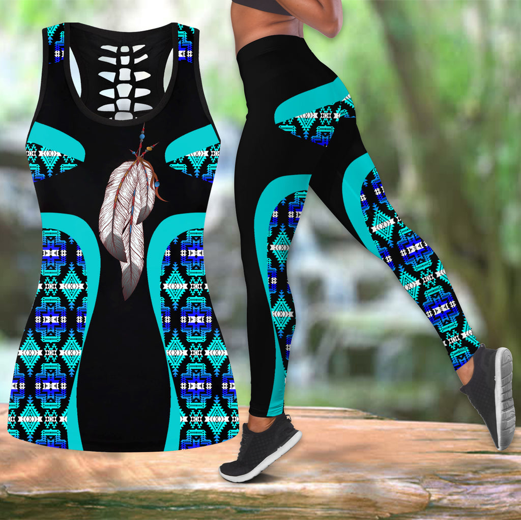 COMB2089 Pattern Native American  Hollow Tank Top And Legging Sets