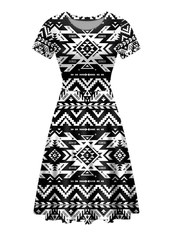 GB-NAT00441 Black Native Tribes Pattern Round Neck Dress