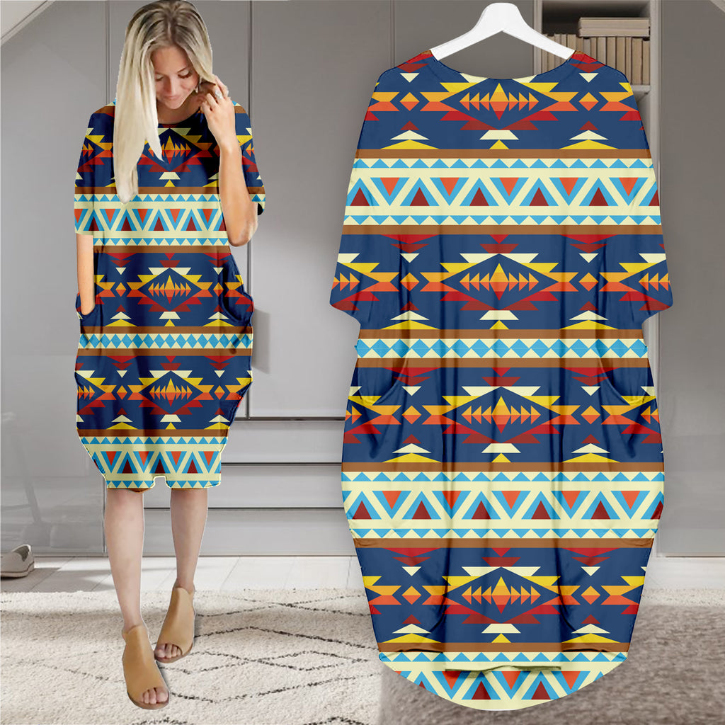 Powwow StoreGBNAT00028 Pattern Native Batwing Pocket Midi Dress