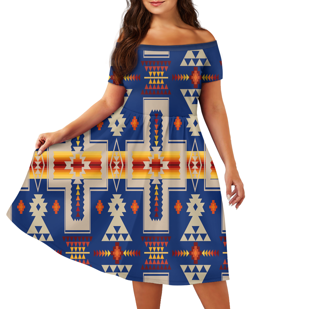 Powwow StoreGBNAT0006204  Pattern Native Off Shoulder Short Sleeved Dress