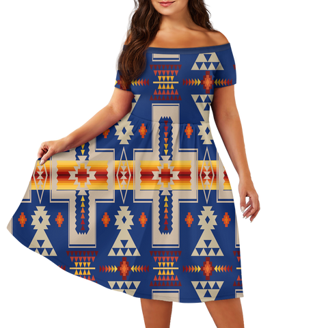 Powwow StoreGBNAT0006204  Pattern Native Off Shoulder Short Sleeved Dress