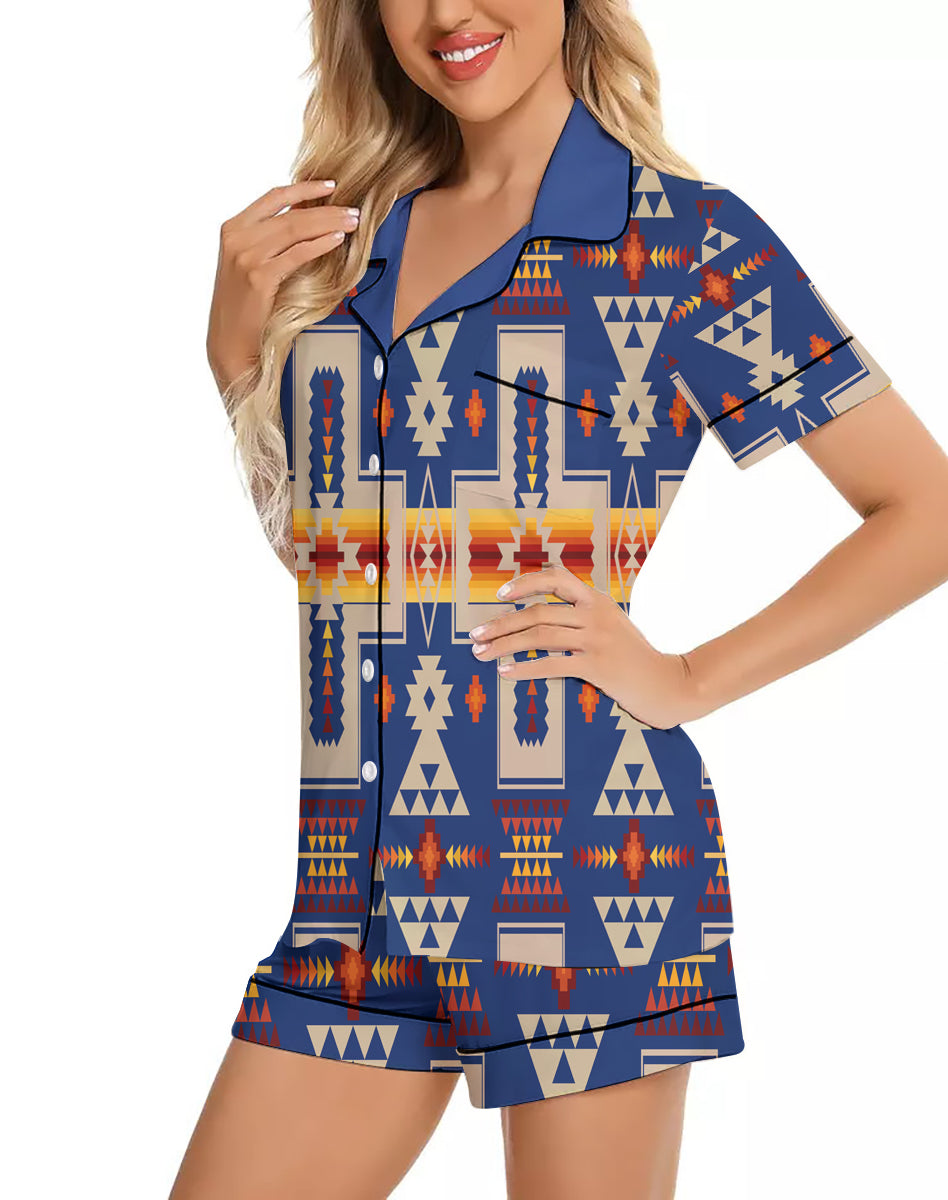Powwow StoreGBNAT0006204 Pattern Native American 3D Imitation Silk Pajamas Set with Shorts