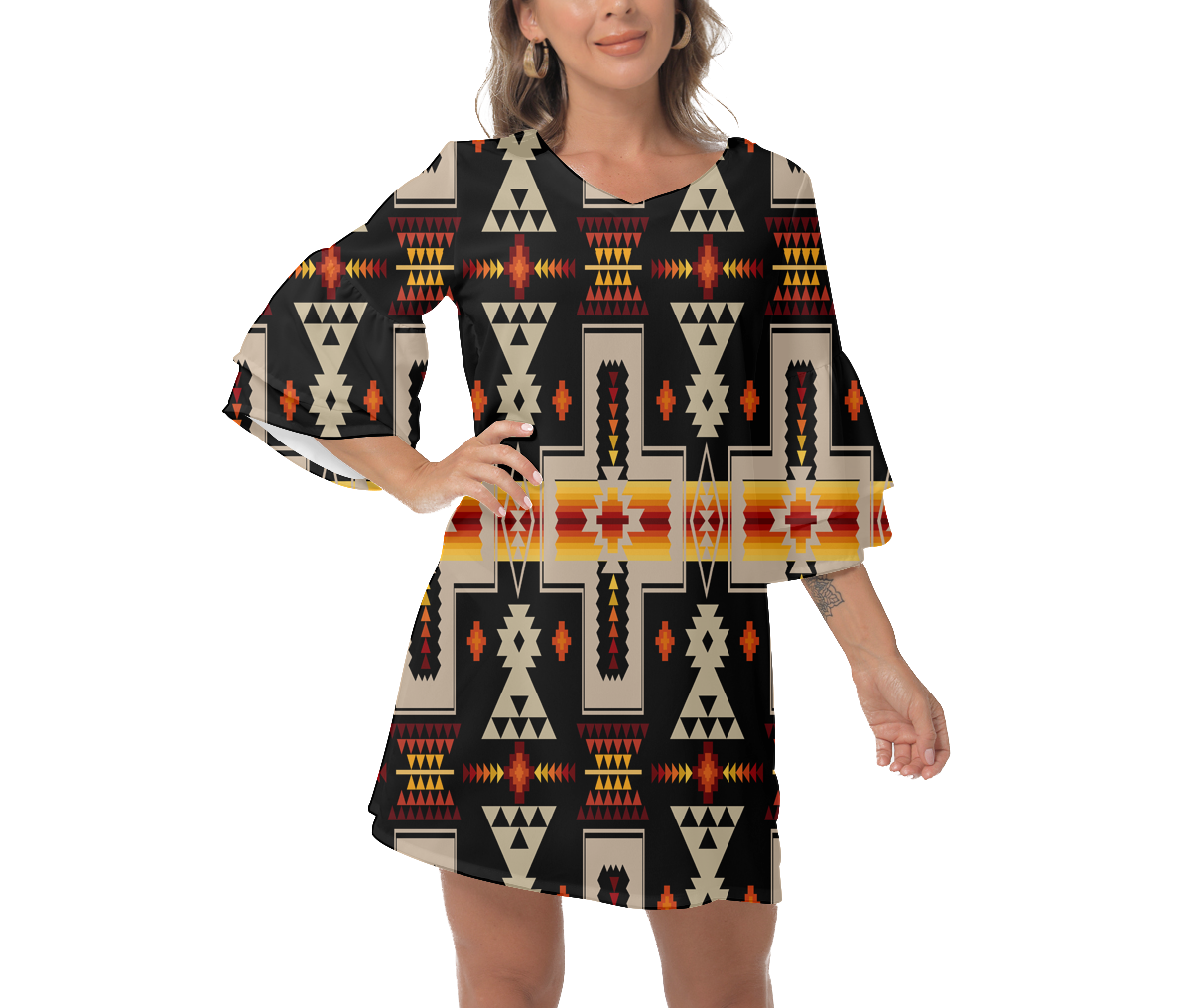 Powwow StoreGBNAT0006201 Native  Design Print Women's VNeck Dresss