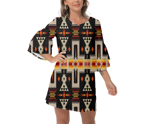 GB-NAT00062-01 Native  Design Print Women's V-Neck Dresss