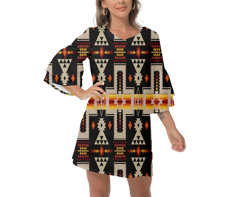 Powwow StoreGBNAT0006201 Native  Design Print Women's VNeck Dresss