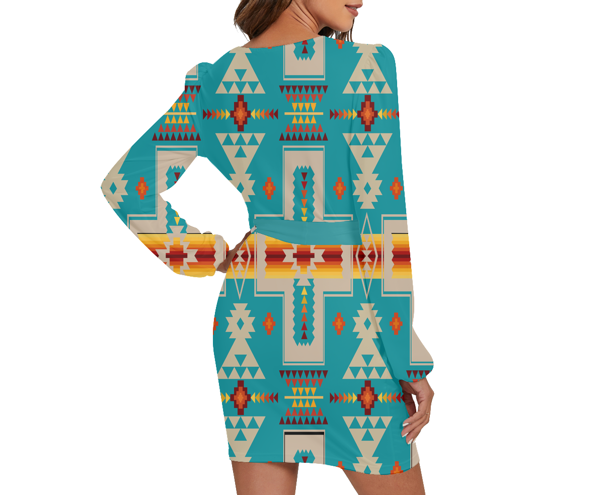 Powwow Storegb nat00062 04 pattern native long sleeve dress with waist belt