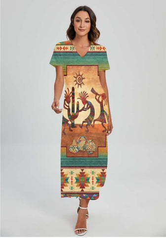 Powwow StoreGBNAT00054 Pattern Native Vneck Dress With Side Slit