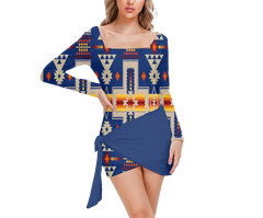 Powwow StoreGBNAT0006204 Pattern Native Women’s Square Collar Dress With Long Sleeve