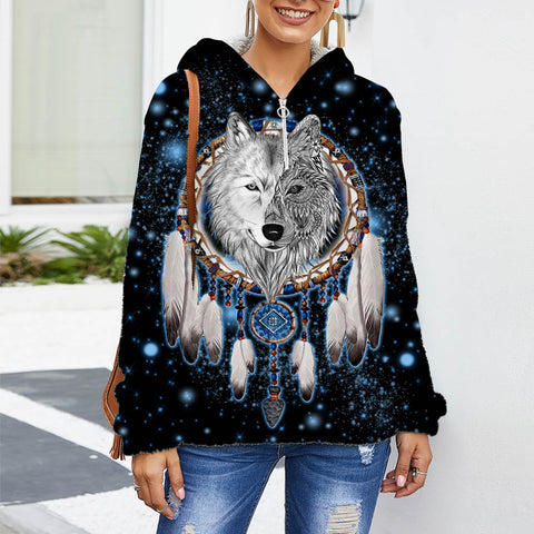 GB-NAT00010-02 Native American Women's Borg Fleece Hoodie With Half Zip