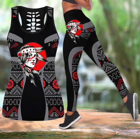 COMB2094 Pattern Native American  Hollow Tank Top And Legging Sets