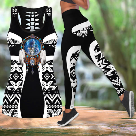 COMB2099 Pattern Native American  Hollow Tank Top And Legging Sets