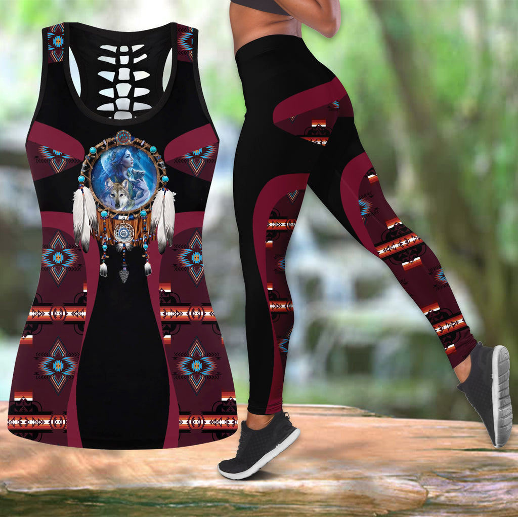 COMB2100 Pattern Native American  Hollow Tank Top And Legging Sets