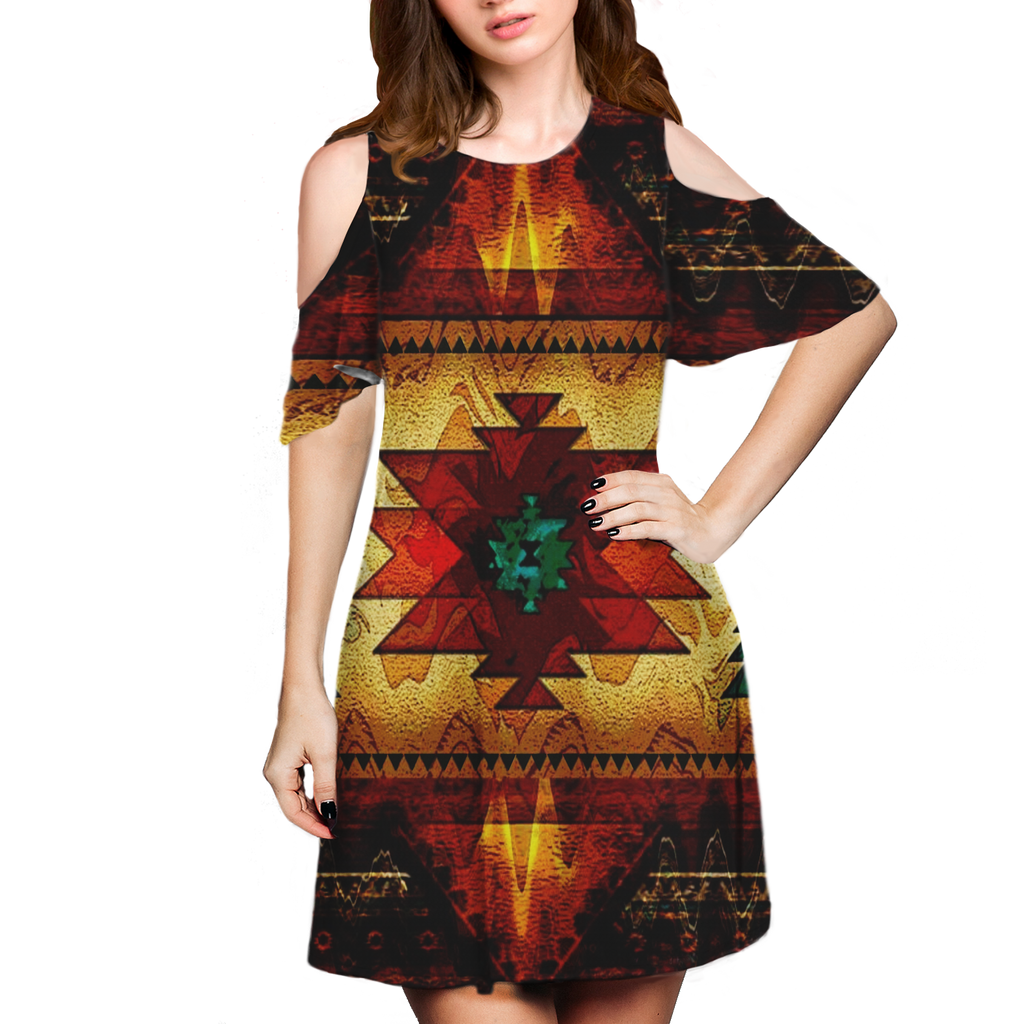 Powwow StoreGBNAT00068 Pattern Native Cold Shoulder Dress With A Round Neckline