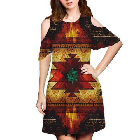 Powwow StoreGBNAT00068 Pattern Native Cold Shoulder Dress With A Round Neckline