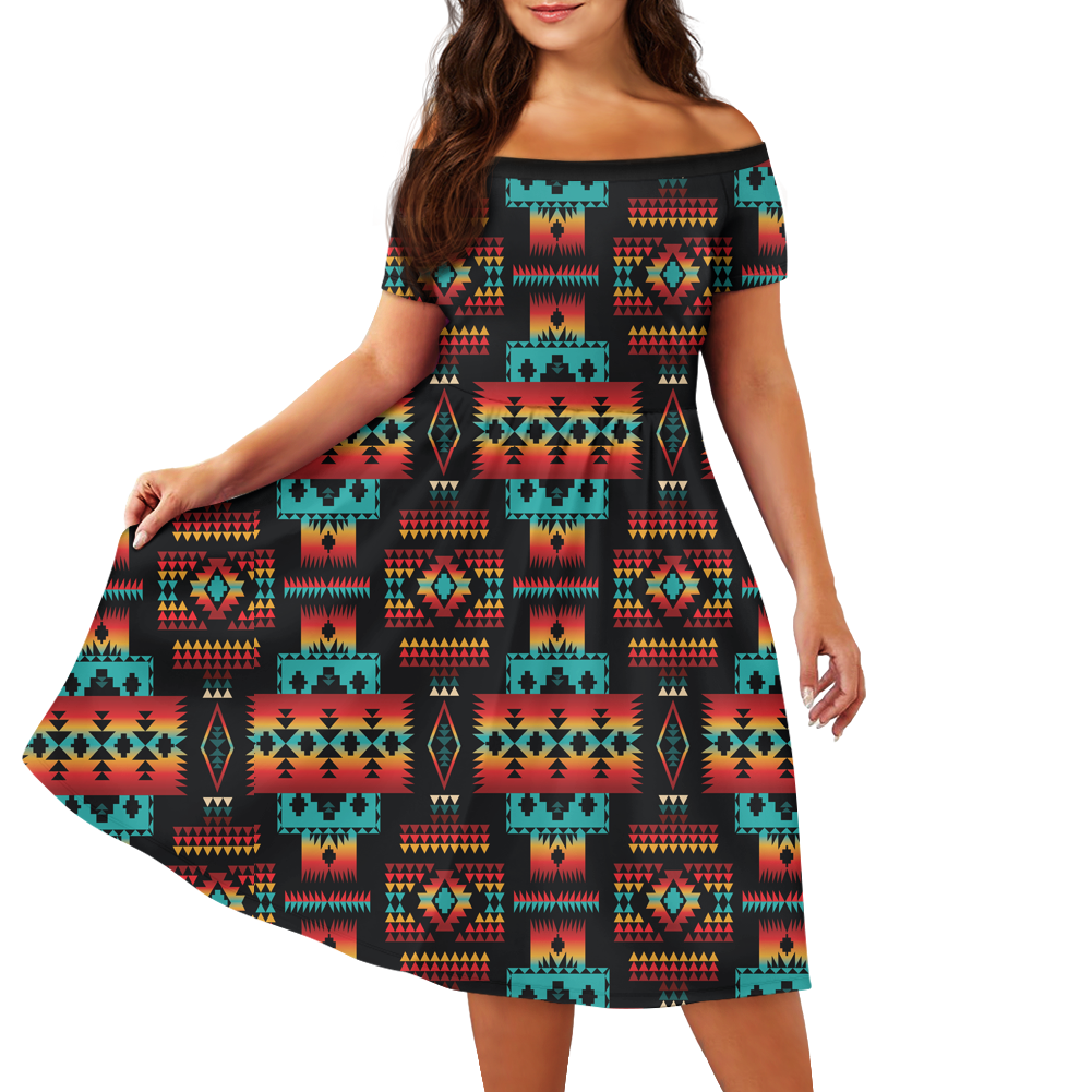 Powwow StoreGBNAT0004602 Pattern Native Off Shoulder Short Sleeved Dress