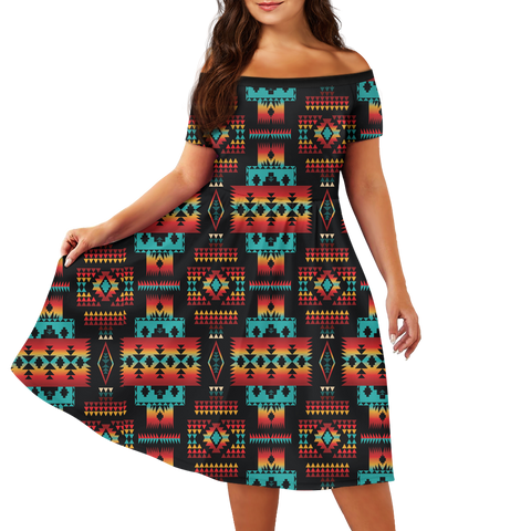 Powwow StoreGBNAT0004602 Pattern Native Off Shoulder Short Sleeved Dress