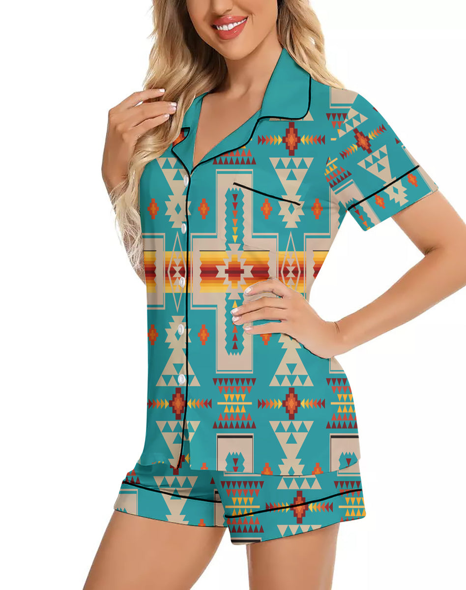 Powwow StoreGBNAT0006205 Pattern Native American 3D Imitation Silk Pajamas Set with Shorts