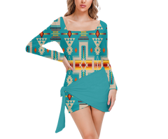 Powwow StoreGBNAT0006205 Pattern Native Women’s Square Collar Dress With Long Sleeve