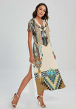 Powwow Storegb nat00059 pattern native v neck dress with side slit