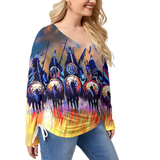 GB-NAT00013 Pattern Native Women’s V-neck T-shirt With Side Drawstring