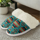 GB-NAT00046-01 Blue Tribes Pattern  Cotton Slippers With Fur Edges