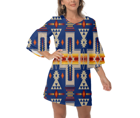 GB-NAT00062-04 Native  Design Print Women's V-Neck Dresss